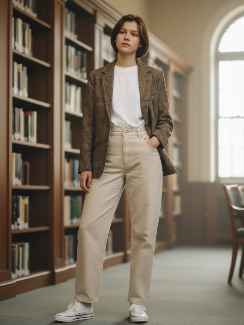 NEW YORK & COMPANY sz 8 Blazer 3 Pockets Academic Classic Retro Beige  Brown